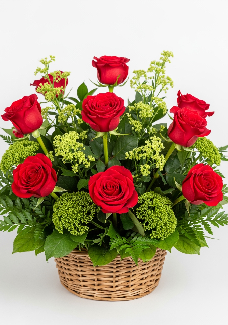 Basket of Red Roses with Accent Flowers