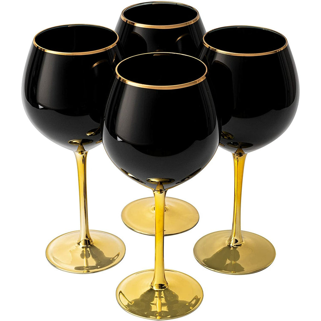 Black Wine Glasses Gold Stemmed and Gold Rim for Halloween Party /  Set of 4 14 oz