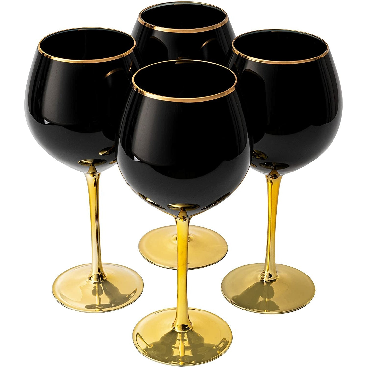 Black Wine Glasses Gold Stemmed and Gold Rim for Halloween Party /  Set of 4 14 oz