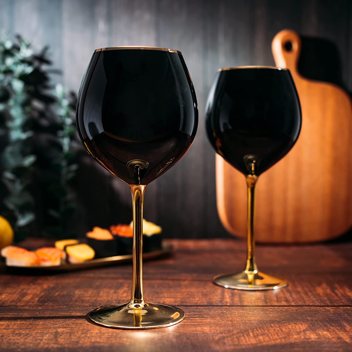 Black Wine Glasses Gold Stemmed and Gold Rim for Halloween Party /  Set of 4 14 oz