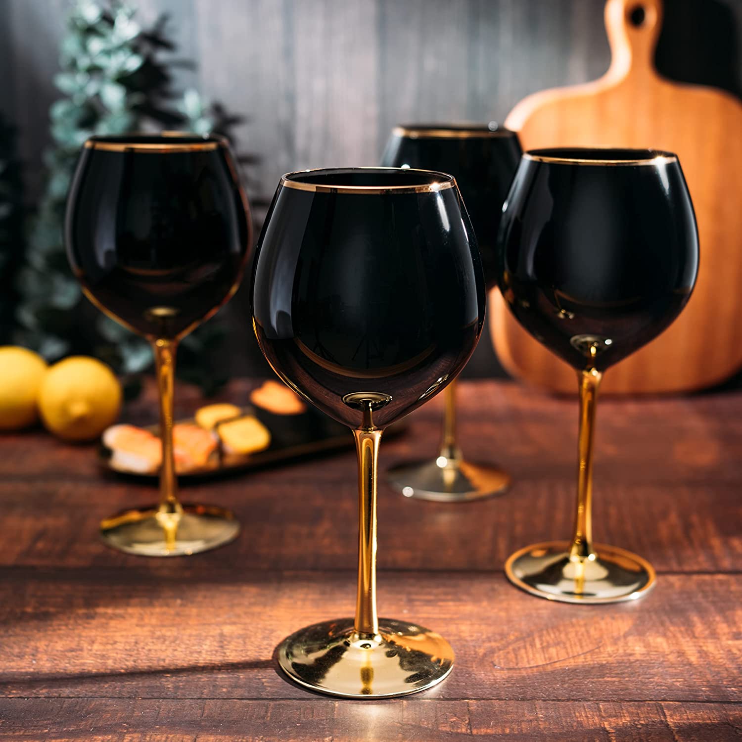 Black Wine Glasses Gold Stemmed and Gold Rim for Halloween Party /  Set of 4 14 oz