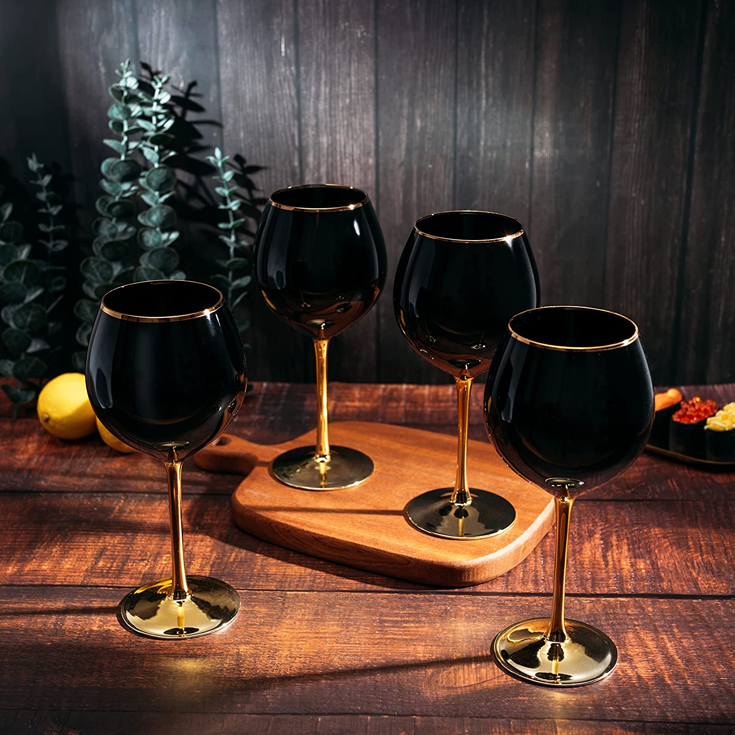 Black Wine Glasses Gold Stemmed and Gold Rim for Halloween Party /  Set of 4 14 oz