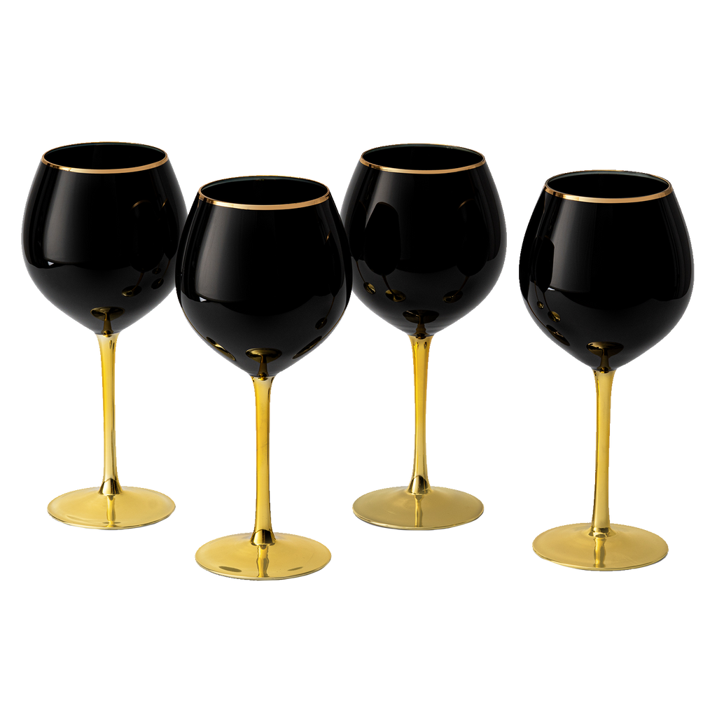 Black Wine Glasses Gold Stemmed and Gold Rim for Halloween Party /  Set of 4 14 oz