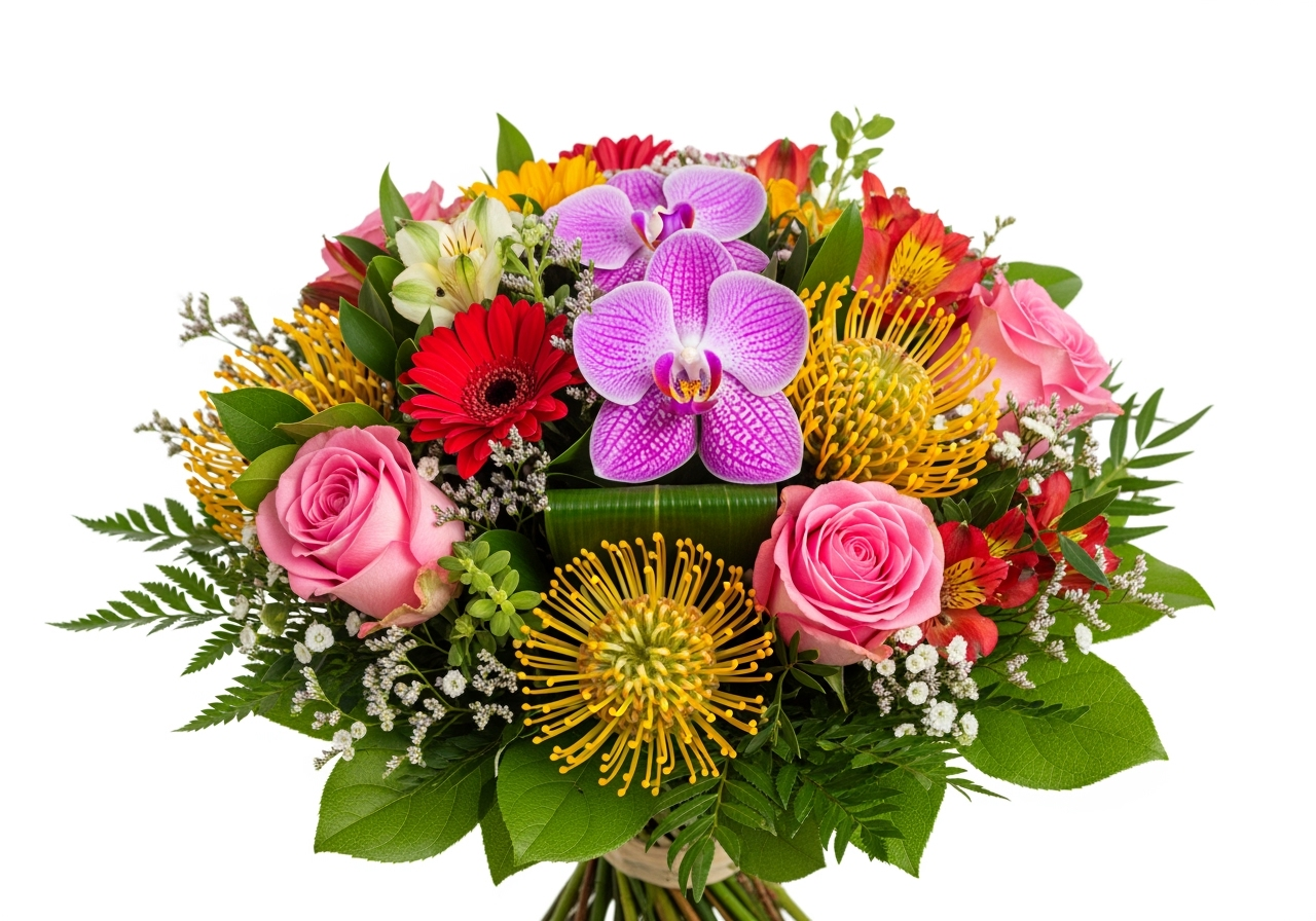 Island Romance - Hand-Tied Bouquet of Roses, Tropical Flowers & Orchids